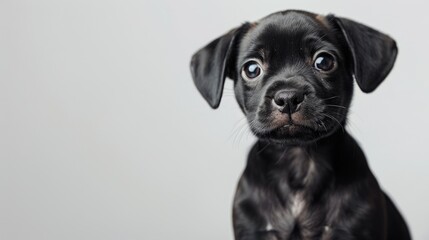Fototapeta premium Black puppy on white backdrop in a photo studio