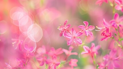 Blurred pink flowers background with hints of green