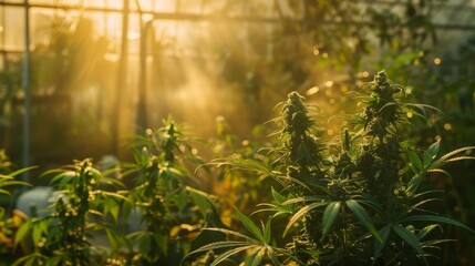Obraz premium Serene Sunset Over Cannabis Plants in Greenhouse for Botanical and Nature Photography