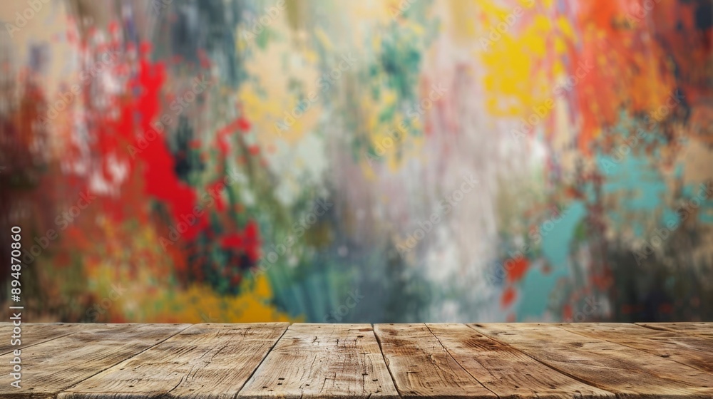 Poster A wooden tabletop with a blurred background of colorful paint splatter.