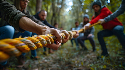Group of people team pulling line playing tug of war. Generative AI