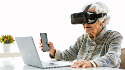 17. A senior using a phone in a tech class, with a laptop and VR headset on the desk, set against a white background