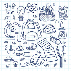 Back to school doodles. Outline drawing stationery and art supplies set. Accessories for study, student equipment, hobby items. Vector illustration. Isolated scribbles on checkered sheet of notebook
