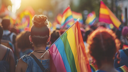 Group of people with rainbow flags and banners during. Generative AI