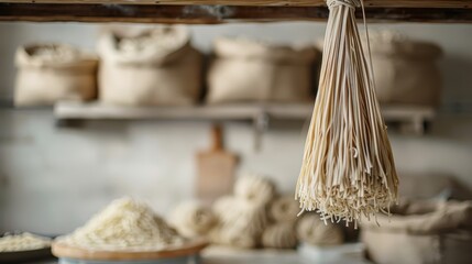 Bundles of fresh noodles hang in a traditional workshop, showcasing the process and dedication involved in making authentic homemade pasta, rich in tradition and heritage.
