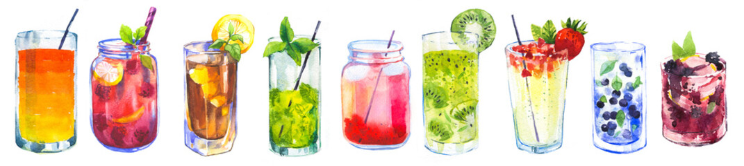 set of drinks, cocktails, juices and smoothies. Watercolor style. Hand drawn