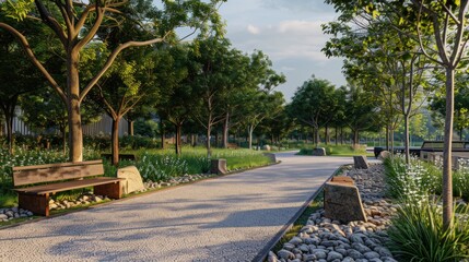 Fototapeta premium Generate a photo realistic image of urban eco-friendly public spaces designed with sustainability in mind; ensure the image is of high resolution for clear and detailed quality.