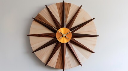 Mid-century modern wall clock with starburst design and wooden accents