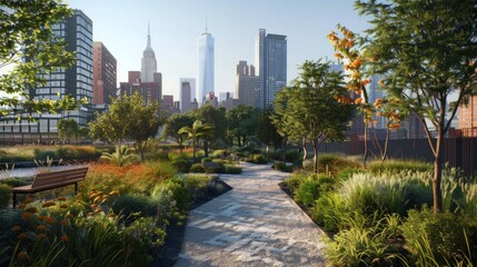 Fototapeta premium Generate a photo realistic image of urban eco-friendly public spaces designed with sustainability in mind; ensure the image is of high resolution for clear and detailed quality.