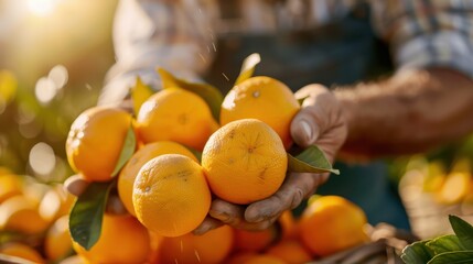 A gloved person holds bright freshly picked oranges in sunlight, showcasing the beauty and satisfaction of harvesting citrus fruits and the quality of nature's bounty.