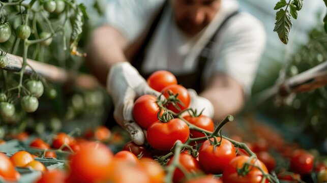A farmer's hands picking ripe tomatoes from the plant in a greenhouse, embodying agricultural commitment, greenhouse farming practices, sunlight, and the satisfaction of a thriving crop.