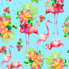 Watercolor seamless pattern on white background. Illustration with pink flamingo. Tropical bird. Paradise.