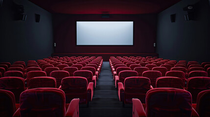 A spacious cinema auditorium featuring red seating and a blank screen, ready for an engaging movie experience.