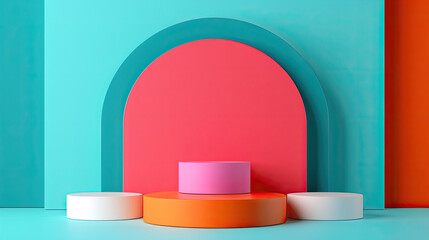 A vibrant geometric setup featuring colorful shapes and arches, perfect for modern design and abstract concepts.