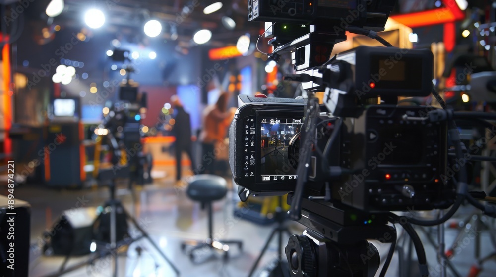 Poster a camera in a television studio is focused on a blurred performance in the background.