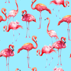 Fototapeta premium Watercolor seamless pattern on white background. Illustration with pink flamingo. Tropical bird. Paradise.