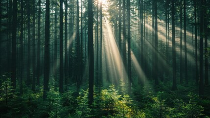 Obraz premium Sunlight is beautifully filtering through dense trees in this serene forest scene, highlighting the vibrant green undergrowth and creating a sense of peace and natural beauty.