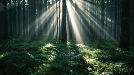 Obraz premium A beautiful forest scene where dense trees give way to the penetrating sunrays, illuminating a vibrant green ground cover, invoking peace and natural harmony.