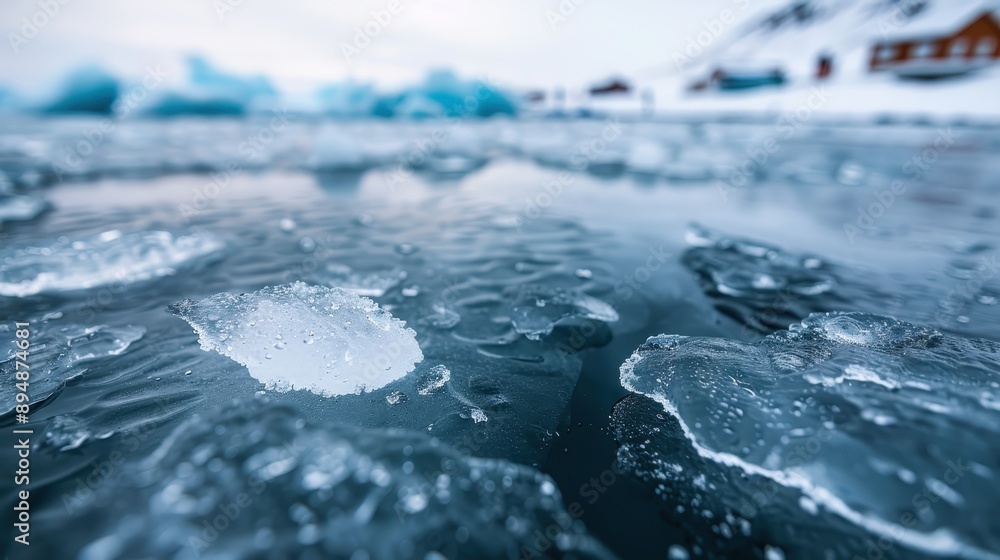 Poster close-up view of floating ice chunks on the pristine, frozen water's surface, capturing the cold and