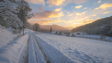 Dirt road leading down to snow covered valley and ranch, morning sunrise, copy space