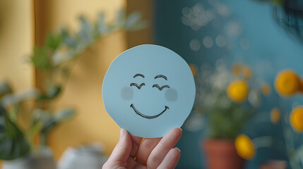 Hand holding blue paper cut happy smile face Positive. Generative AI