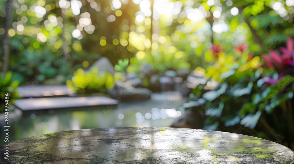 Aufkleber A stone tabletop sits in the foreground of a tropical garden with a pond and greenery in the background. Sunlight filters through the trees, creating a warm and inviting atmosphere.