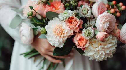 A bridal bouquet featuring a stunning arrangement of bright and pastel flowers, meticulously arranged to create an elegant and timeless floral piece perfect for a wedding.