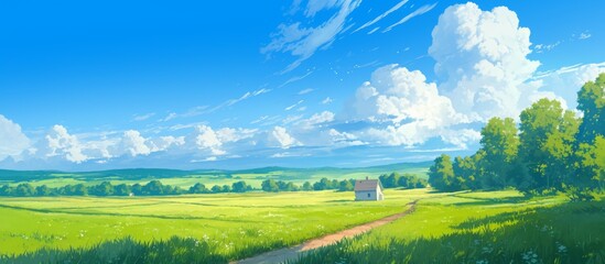 Obraz premium Anime-Style Green Field with Hill, Small House, Dirt Road, and Farm under a Cloudy Sky