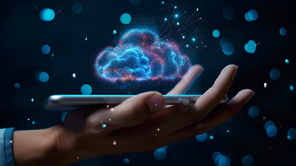 Hand of businessman showing cloud computing on tablet. Generative AI