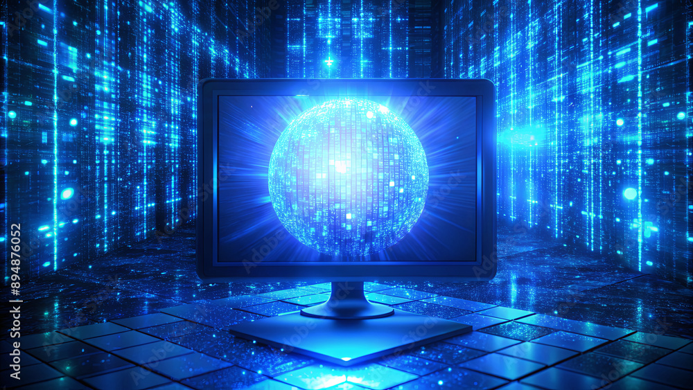 Poster a computer monitor displays a glowing blue globe within a data center lined with blue data streams