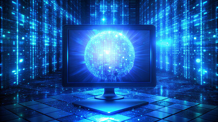 A computer monitor displays a glowing blue globe within a data center lined with blue data streams