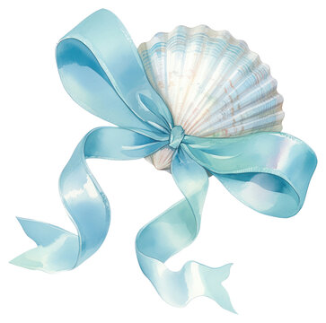 PNG  Elegant seashell with blue ribbon