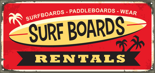 Retro beach sign for surf boards rentals. Vintage advertisement with surfing board graphic on old red background. Summer water activities vector illustration.