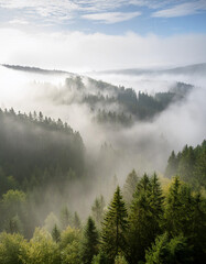 Misty landscape with fir forest in hipster vintage retro style