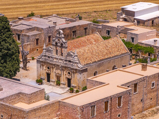 Greece - The amazing Sacred Monastery of Arkadi Rethymno Crete photographet from the air in sunny summer time