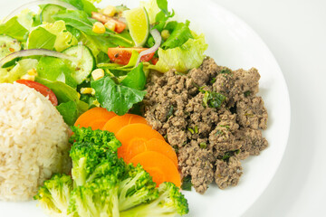 Healthy Plate with Ground Beef, Brown Rice, Vegetables, and Fresh Salad