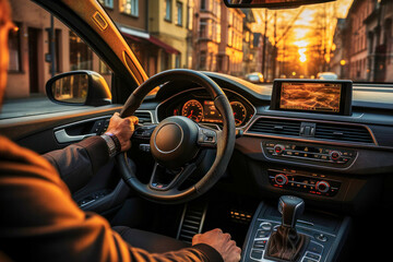 Man holding the steering wheel while driving a car