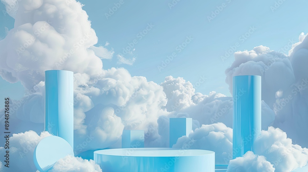 Poster 3d blue product podium set against a cloud background, creating a dreamy and light minimal display f
