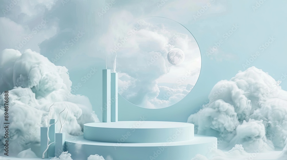 Poster 3d blue product podium set against a cloud background, creating a dreamy and light minimal display f