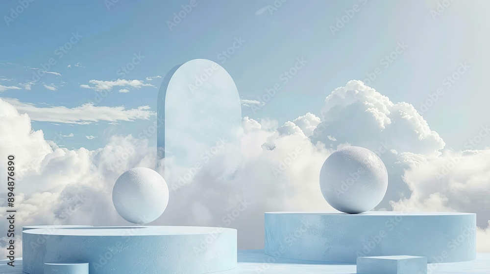 Poster 3d blue product podium set against a cloud background, creating a dreamy and light minimal display f