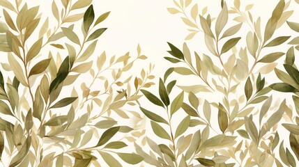 Hand Drawn Olive Branch Pattern Border,  Elegant Green and Beige Olive Tree Leaves for Kitchen or Home Decor with copy space 