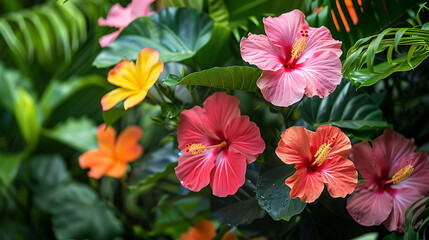 Obraz premium A vibrant tropical garden with bright hibiscus flowers 