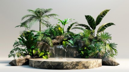Obraz premium 3D nature-inspired pedestal with jungle foliage, tropical plants, and a stone table for an eco-friendly product presentation.