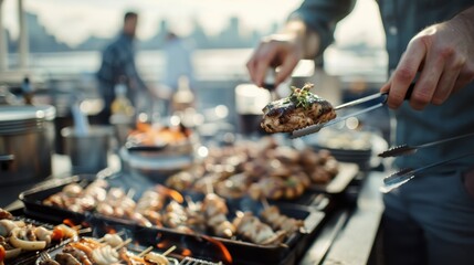 A close-up view of a chef using tongs to handle succulent meat cooking on a barbecue grill, set on an urban rooftop with people in the background.
