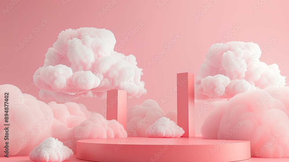 Poster abstract pink background with a 3d podium and clouds, creating a soft, pastel display scene for prod