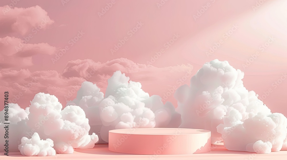 Poster abstract pink background with a 3d podium and clouds, creating a soft, pastel display scene for prod