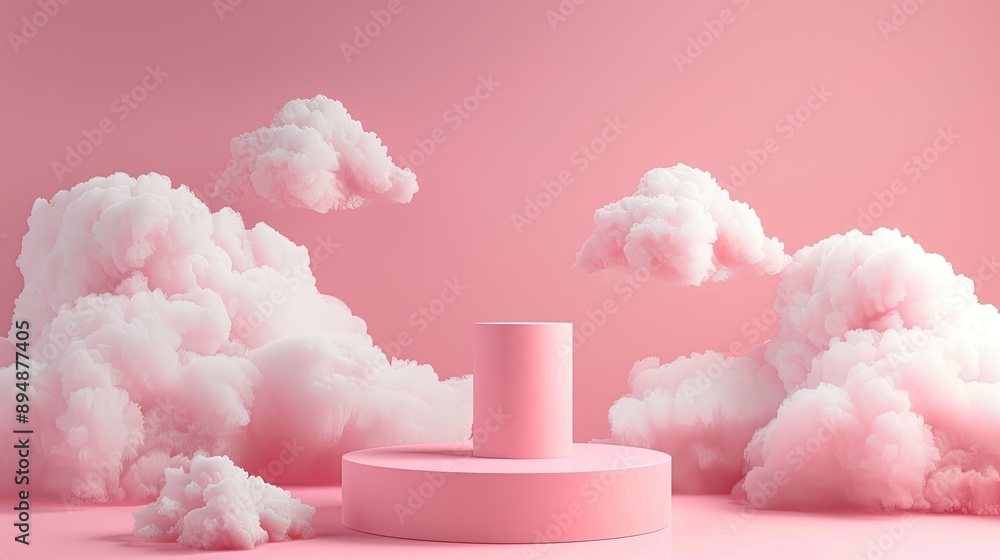 Poster abstract pink background with a 3d podium and clouds, creating a soft, pastel display scene for prod