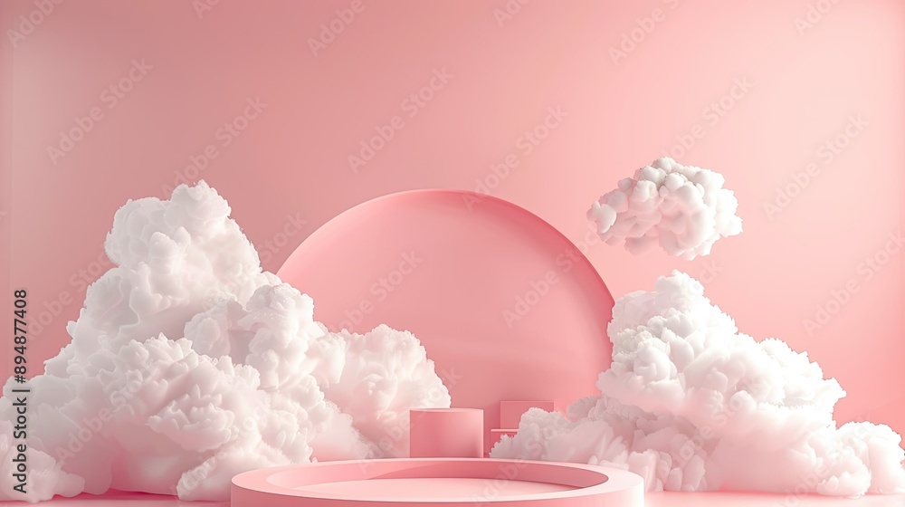 Poster abstract pink background with a 3d podium and clouds, creating a soft, pastel display scene for prod
