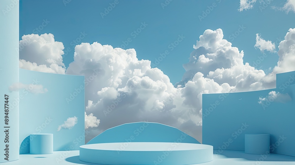 Poster abstract stage with a blue 3d platform and white clouds, ideal for a minimal and light product displ