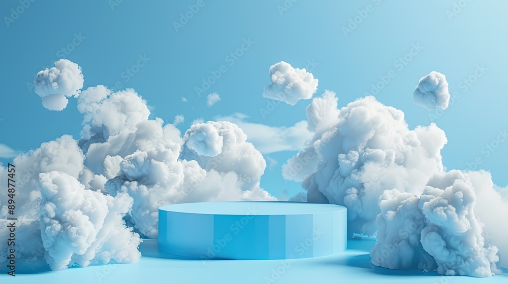 Poster abstract stage with a blue 3d platform and white clouds, ideal for a minimal and light product displ